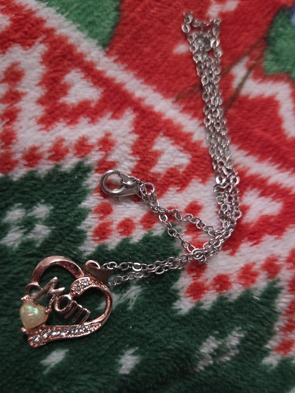 'Mom' Heart Pendant Necklace with Opal Accent